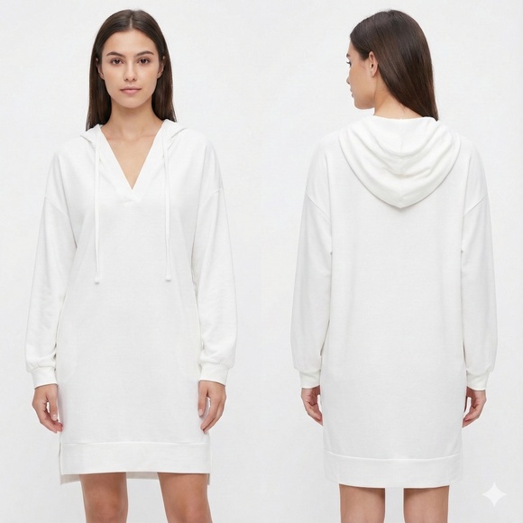 UNBRANDED French Terry Ivory Hoodie Drawstring Hood Split V Neck US Sz L - Picture 1 of 10